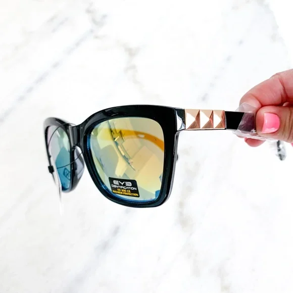 Mirrored Square Sunglasses Orange Gold Studs - Picture 5 of 11